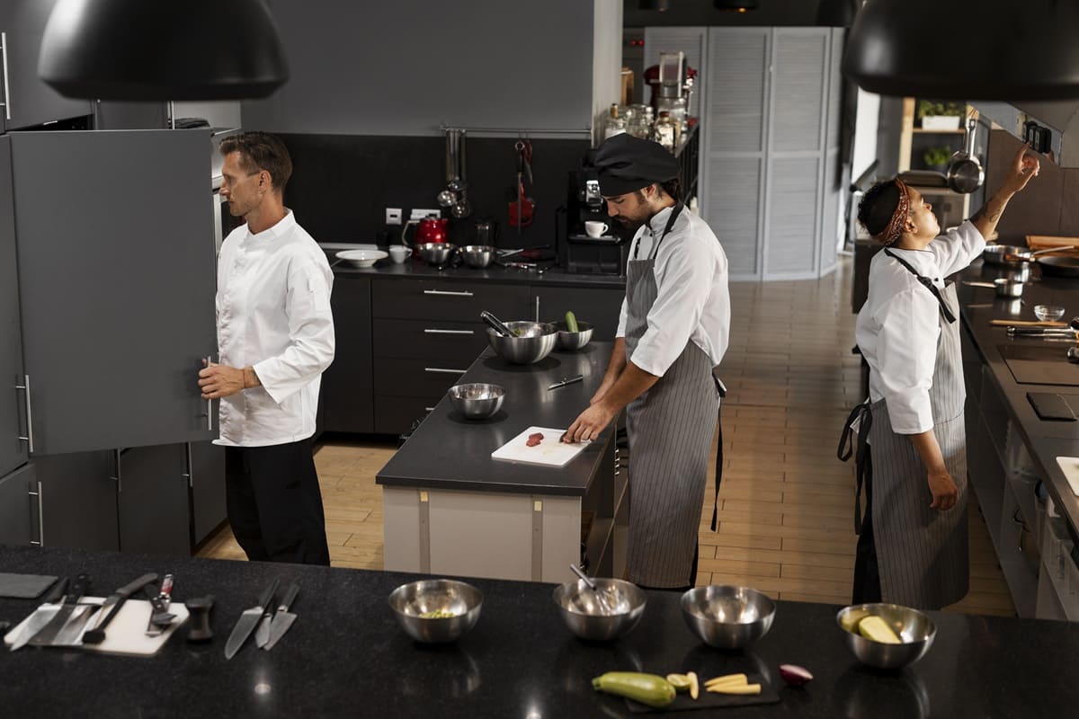 Tres cocineros profesionales realizan tareas en la cocina de un restaurante
