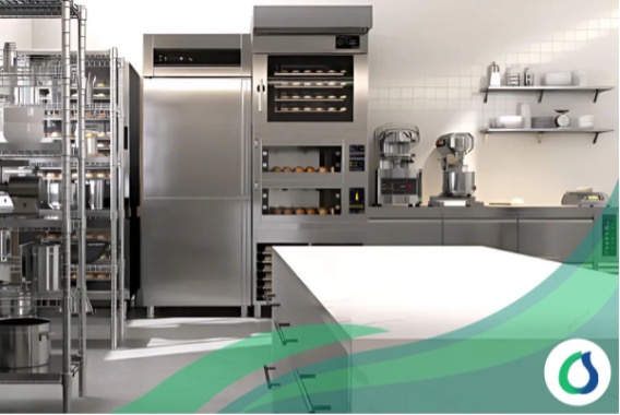 Vista de una cocina profesional, con un horno vertical al fondo